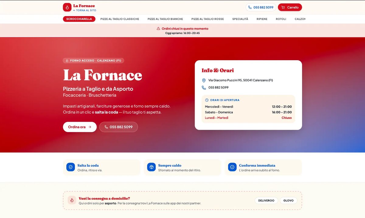 Sistema di ordini online della pizzeria La Fornace a Calenzano