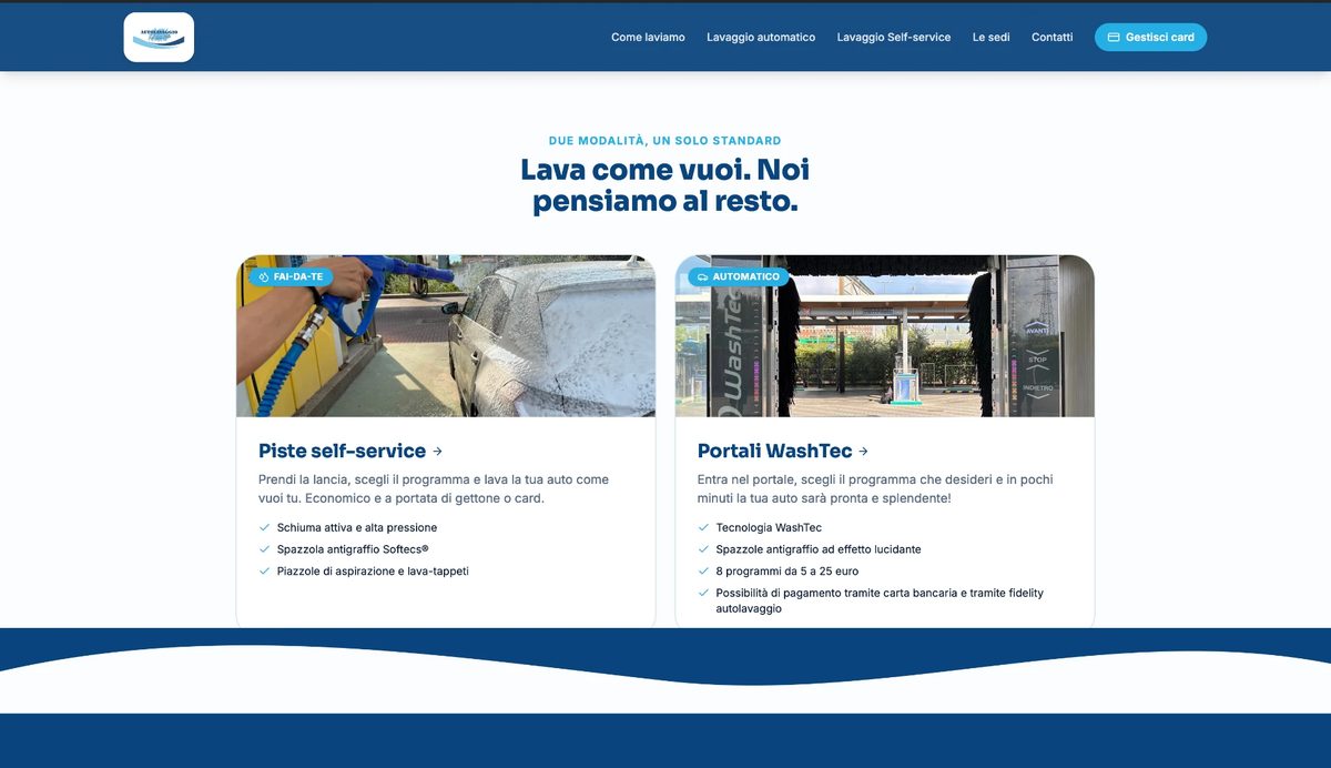 Sito Autolavaggio FO DA ME con le sezioni self-service e automatico