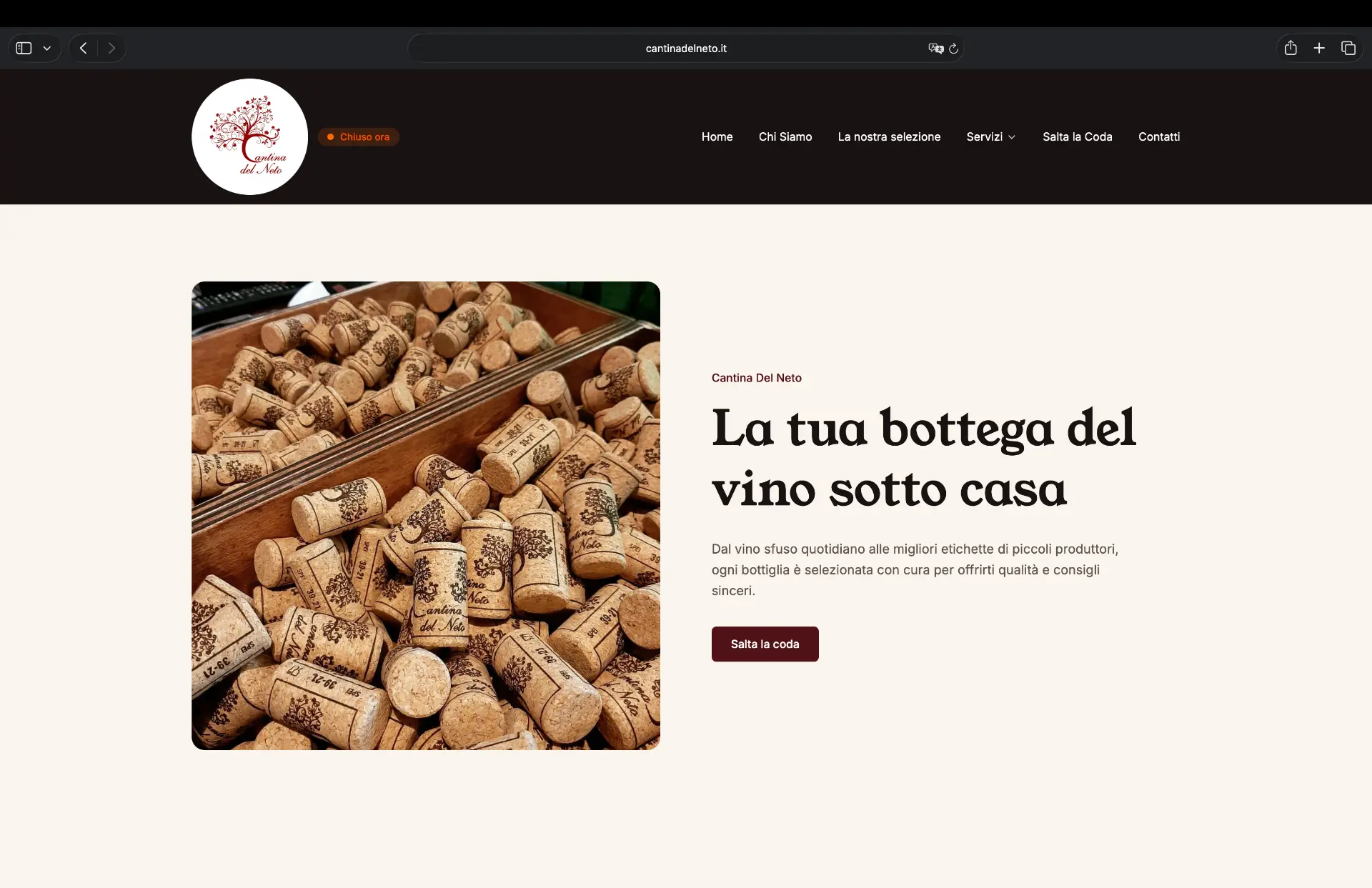 Home page del sito Cantina del Neto, enoteca con catalogo vini e servizio salta la coda